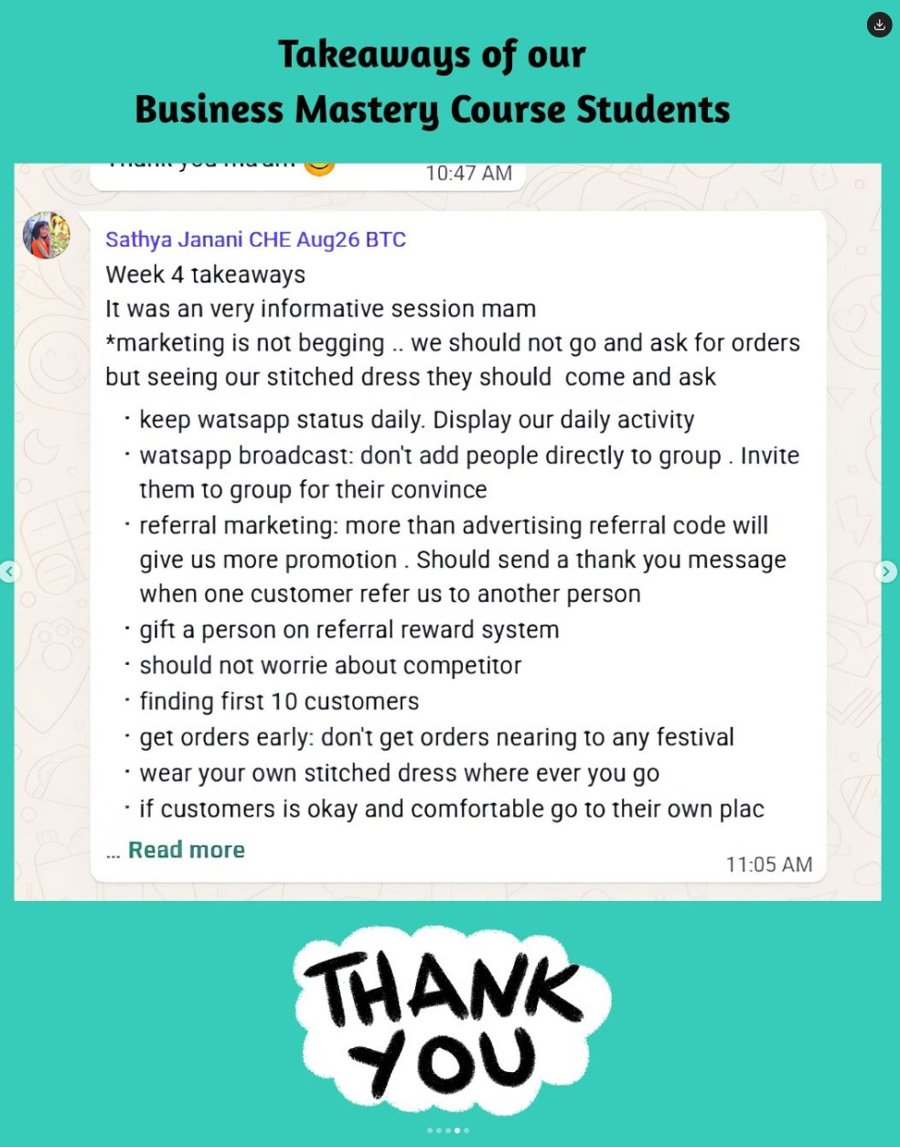 Week 4 takeaways from Sathya Janani: marketing is not begging, WhatsApp status, referral marketing, finding first 10 customers