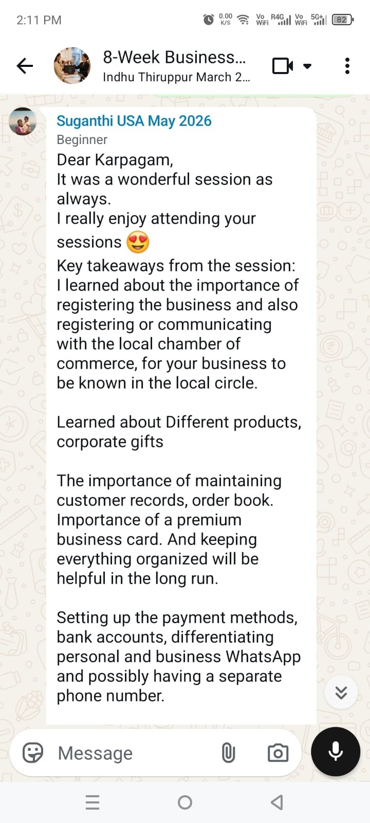 Takeaways from Suganthi, USA: registering the business, customer records, order book, payment methods, separate business WhatsApp
